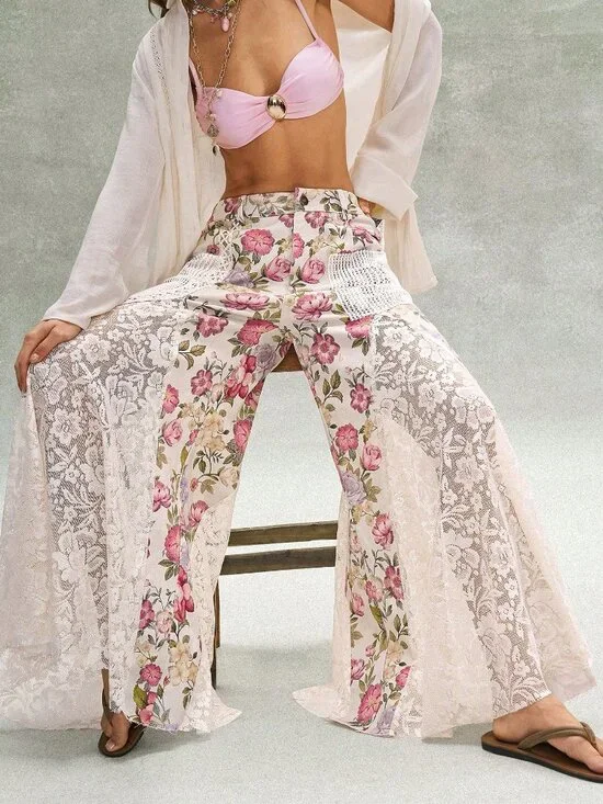 Khaki Boho Women's Casual Ditsy Floral Lace Loose Wide-Leg Low-Waist Pants - Picture 4 of 8